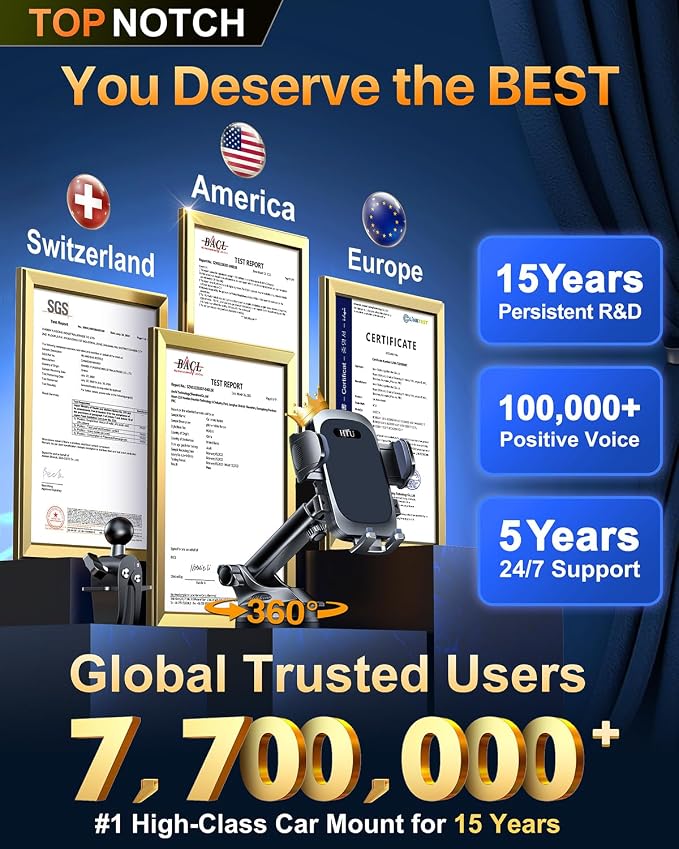 2026 Ultimate Best【True Military-Grade & Safety Cert】Car Phone Holder【Upgraded 360 Rotation & 100+LBS Strongest Suction】5-in-1 Truck Windshield Dashboard Vent Mount Stand for iPhone Android,Deep Black