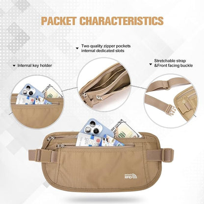 Unisex Money Belt For Men and Women, Slim Passport Holder RFID Blocking Travel Essentials Pouch with Adjustable Strap Small Waist Pouch for Workout Running Travelling Hiking, Beige