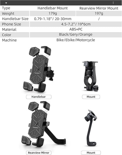 ROCKBROS Motorcycle Phone Holder Mount, 4.5-7.1 inch Smartphones, Quick Release Handlebar Clamp, 360 Rotatable, Anti-Slip Silicone, Easy Installation, Wide Compatibility