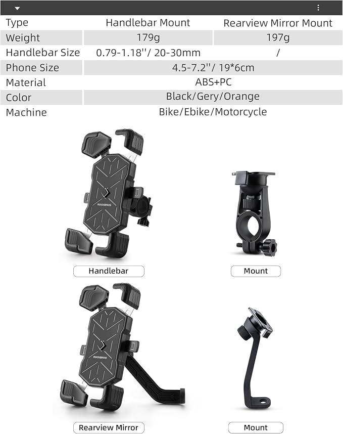 ROCKBROS Bike Phone Holder Mount for 4.5''-7.1'' Phones, Quick Release Handlebar Clamp, 360 Rotatable Motorcycle Mount