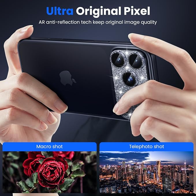 WSKEN for iPhone 17 Pro Camera Lens Protector, [Military Grade Shatterproof] [Strong Adhesion] Metal Aluminum Alloy Tempered Glass Camera Screen Protector, Glitter Blue