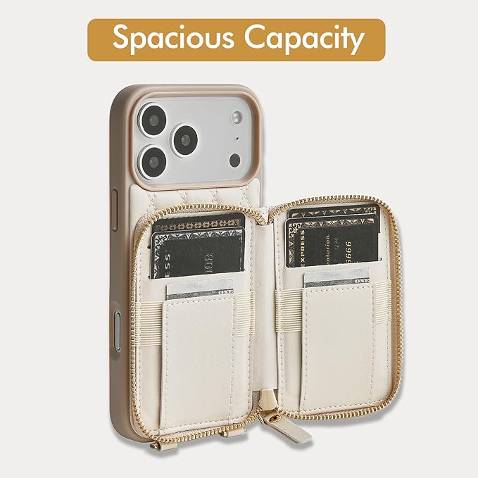 ZVE for iPhone 17 Pro Max Case Wallet with Card Holder, 360° Rotation Ring Stand Crossbody Wallet Cover 6.9 Inch-Beige