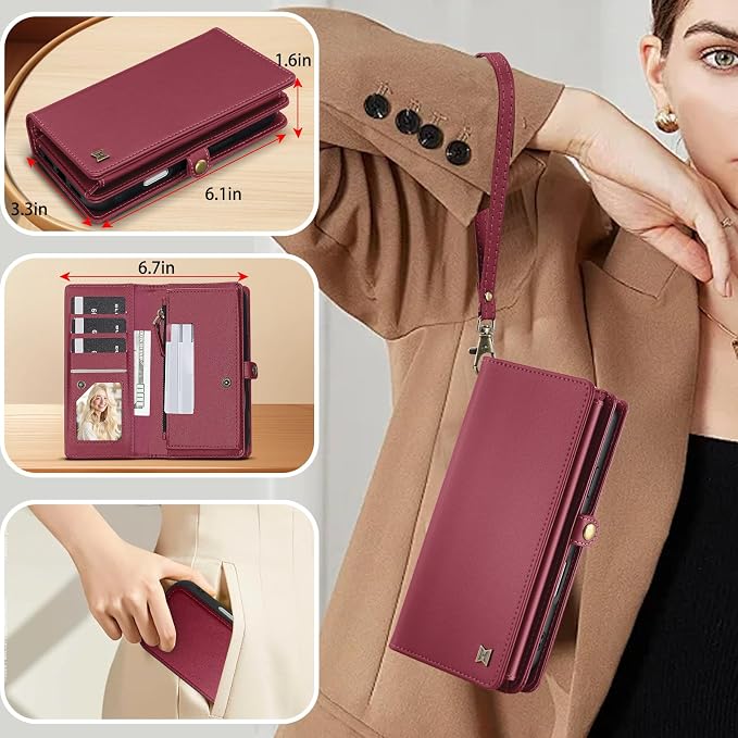 for Wallet Case Compatible with iPhone 15,Multi-Function Detachable 2 in 1 Magnetic iPhone 15 Case Wallet,Flip Strap Zipper Card Holder Phone Case with Shoulder Straps (Red)