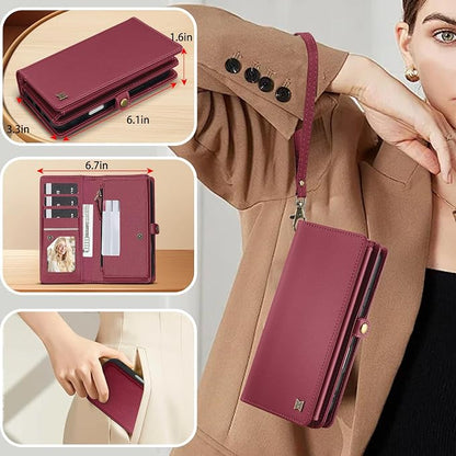 for Wallet Case Compatible with iPhone 16,Multi-Function Detachable 2 in 1 Magnetic iPhone 16 Case Wallet,Flip Strap Zipper Card Holder Phone Case with Shoulder Straps (Red)
