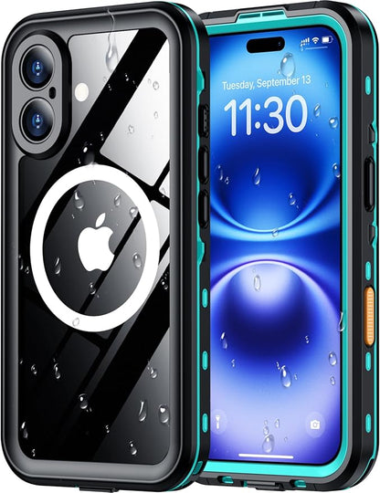 Red2Fire for iPhone 16 Case Waterproof, [Built-in Screen Protector & Camera Protector][Compatible with MagSafe][Full Body Shockproof][IP68 Waterproof][Dustproof] Phone Case 6.1" Blue/Clear