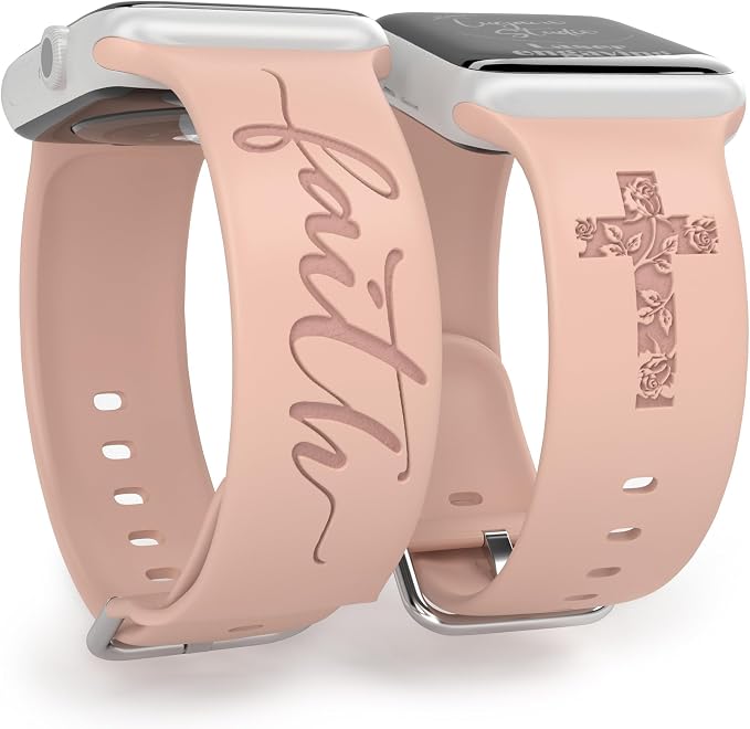 Faith with Cross Watch Band Compatible with Apple Watch Laser Engraved iWatch Band Silicone 38mm 40mm 41mm 42mm 44mm 45mm 46mm 49mm Strap Jesus Psalm Christian God Blessed (Pink Sand, 38/40/41mm M/L)