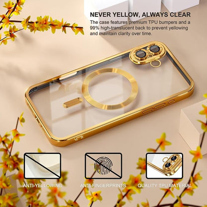 Misea Magnetic for iPhone 17 Case Compatible with MagSafe [Never Yellowing] [Military Grade Drop Protection] Full Camera Lens Protector Plating Soft Clear Phone Case for Women, Gold
