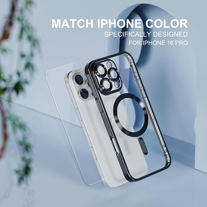 Misea Magnetic for iPhone 16 Pro Case Compatible with MagSafe [Never Yellowing] [Military Grade Drop Protection] Full Camera Lens Protector Plating Soft Clear Phone Case for Women 6.3", Black