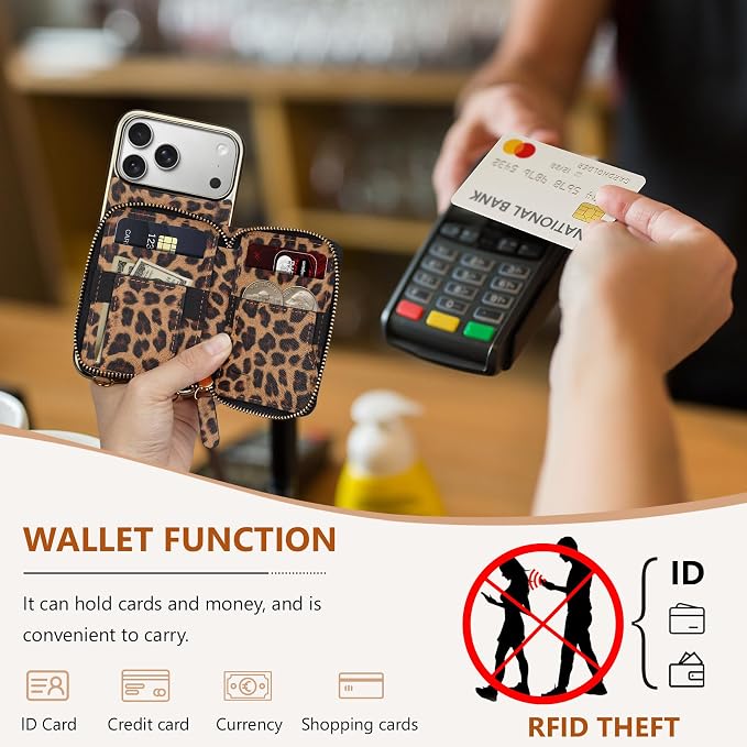 Keallce Wallet Case for iPhone 17 Pro Max 6.9", Crossbody Zipper Purse with Wristlet Strap, 4 Card Slots with RFID Blocking and Kickstand, Electroplated Leather Case for Women (Brown Leopard Print)