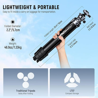 NEEWER LITETRIP LT07 61" Aluminum Travel Camera Tripod, Portable Stand with Ball Head Dual Axis Cell Phone Holder Arca QR Plate Compatible with iPhone for Video Recording, Max Load 22lb