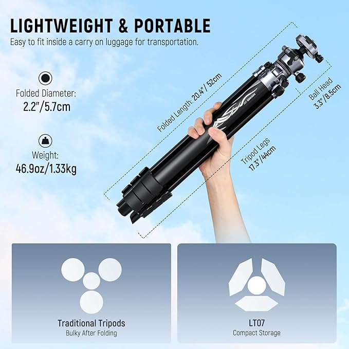 NEEWER LITETRIP LT07 61" Aluminum Travel Tripod Stand for Camera with Pan Tilt Low Profile Ball Head, Arca QR Plate Compatible with PD, Dual Center Axis, Max Load 22lb