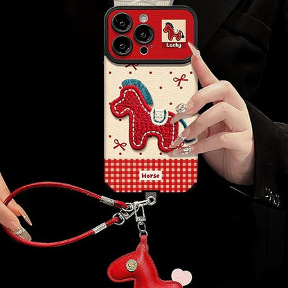 2026 Embroidered Pony Lanyard New Year Phone Case, Year of The Horse Anti-Drop Armor Leather Texture Case (Red,16PROMAX)