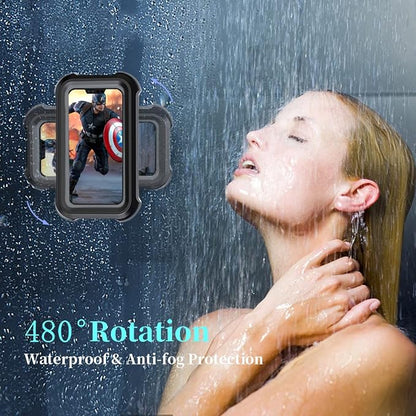 Upgraded 480° Rotating Shower Phone Holder Waterproof Case with Touch Screen,OOLYICO Shower Accessories Guardian Buddy Phone Holder Wall Mount Shelf in Bathroom Bathtub for 4" - 7" Cell Phone -Black