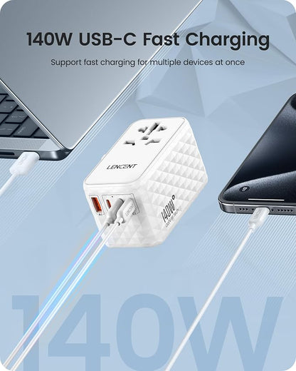LENCENT 140W International Travel Adapter, GaN Universal Travel Adapter | with 1 USB-A & 3 Type C Power Converter, Fast Charger for Phone,Laptops, Worldwide Plug Outlet for USA/UK/EU/AUS, White