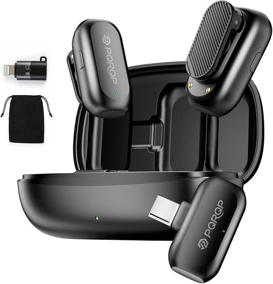 PQRQP Wireless Lavalier Microphone for iPhone/iPad/Android, 164ft Transmission, Mini Microphone with AI Noise Cancellation & Hi-Fi Sound, 24H Charging Case, Mic Ideal for YouTube, Video Recording