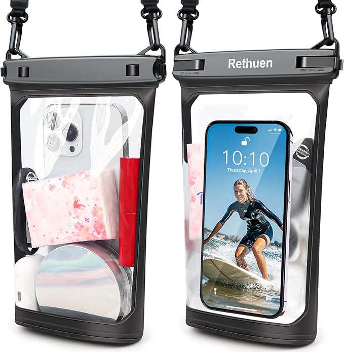 Large Waterproof Phone Pouch, 2Pack Floating Waterproof Bag for iPhone 17 16 15 Pro Max Galaxy S26 S25 S24 Ultra All Phones, Cell Phone Dry Bag for Beach Swimming Rafting Boating (Black + Black)