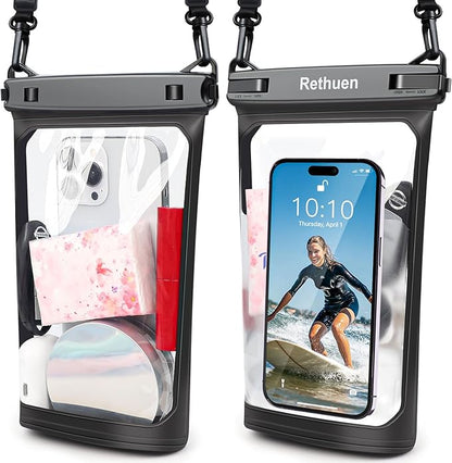 Large Waterproof Phone Pouch, 2Pack Floating Waterproof Bag for iPhone 17 16 15 Pro Max Galaxy S26 S25 S24 Ultra All Phones, Cell Phone Dry Bag for Beach Swimming Rafting Boating (Black + Black)
