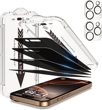 EZ-GLAZ- 4 Pack for iPhone 16 Pro Max Privacy Screen Protector [6.9"] With 2 Pack Camera Lens Protector, 9H+ Hardness 12FT Military Grade Shatterproof Scratch Resistant Durable Tempered Glass Film with Flawless Fit Kit