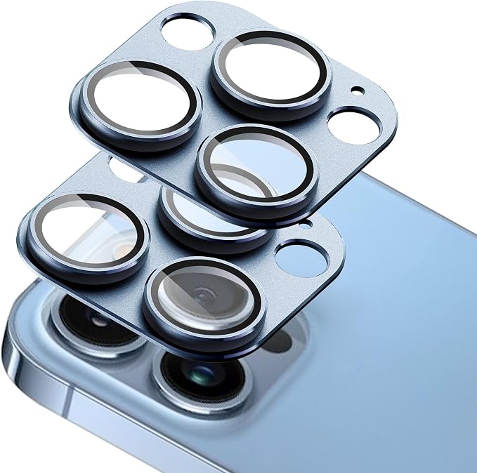2-Pack Shatterproof Camera Lens Protector for iPhone 13 Pro/13 Pro Max |AR Tempered Glass Strong Adsorption Metal Camera Cover Screen(Far Peak Blue)