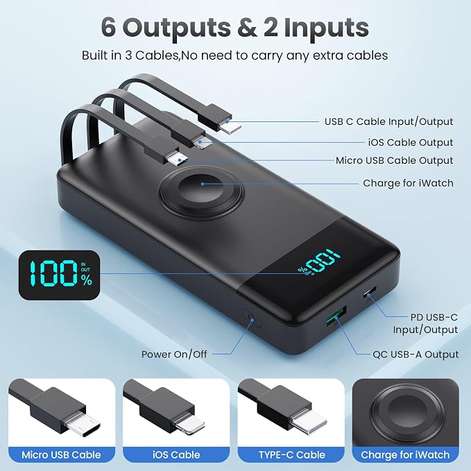 Portable Charger 10800mAh QC4.0+PD 25W Fast Charging USB C Power Bank,6 Outputs LCD Display Travel Battery Pack Compatible with iPhone 16/15/14/13, Android etc