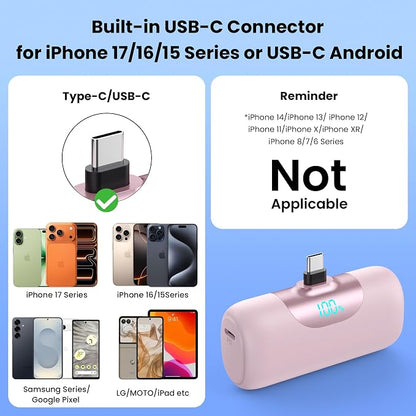[2-Pack]Mini Portable Charger for iPhone 17/16,5500mAh LCD Display USB C Power Bank,Fast Phone Charging Travel Pocket Size Battery Pack for iPhone 17/17 Pro Max/Air/16/15 Series,Android(Pink+Purple)