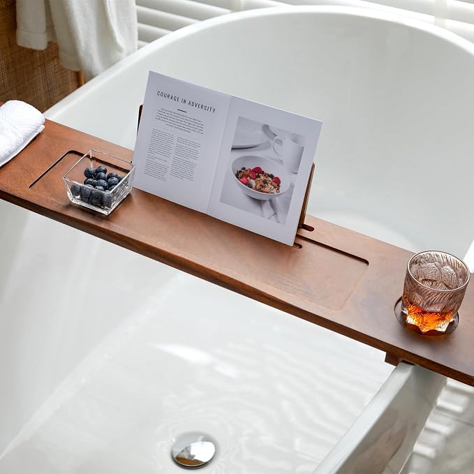 Walnut Bathtub Tray Caddy - 35" Wide Adjustable for Freestanding Tubs, Non-Slip Phone/Wine Holder