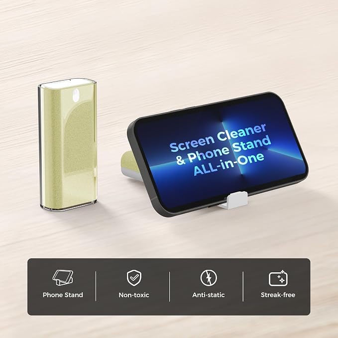 CLICK CLEAN Touchscreen Mist Cleaner, Screen Cleaner, All in One Screen Cleaner Spray with Microfiber and Phone Stand for All Phones, Laptop and Tablet Screens (Beige)