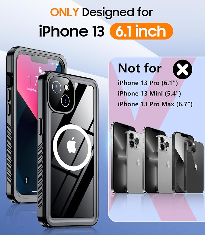 Temdan Magnetic for iPhone 13 Case Waterproof,Built-in Screen Protector[IP68 Underwater][Upgrade Military Dropproof][Compatible with MagSafe] Full Body Shockproof for Phone Case 6.1'' Black