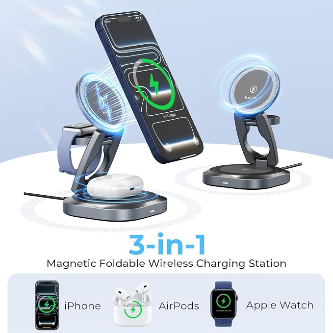 havit MagSafe 3 in 1 Wireless Charging Station, Foldable Travel Charger for iPhone 17/16/15/14/13/12, Apple Watch & AirPods, 15W Fast Magnetic Charger Stand with 360° Rotating, Portable Charger