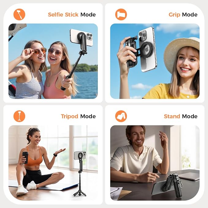 Multifunctional Mini Phone Tripod for Magsafe, Magnetic Chuck＆ Clip Pocket Size Magnetic Selfie Stick for iPhone with Remote, Extendable Cell Phone Small Tripod Magnet Stand for All Smartphones