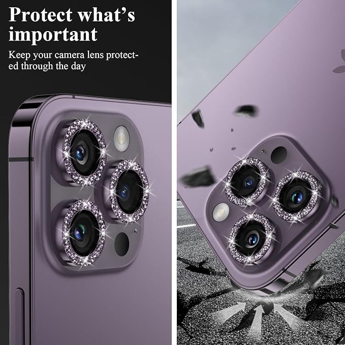 YWXTW Designed for iPhone 14 Pro/iPhone 14 Pro Max Camera Lens Protector Bling, [New Glitter Design] Individual Metal Tempered Glass Camera Cover Accessories Case Friendly, 1 Set (Purple Glitter)