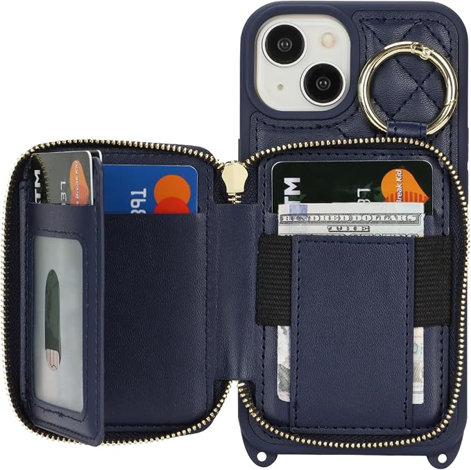 Crossbody Wallet Case for iPhone 14, PU Leather Zipper Handbag Purse Flip Cover, Kickstand Folio Case with Card Slots Holder Wrist Strap Lanyard 5G 6.1 Inch-Blue