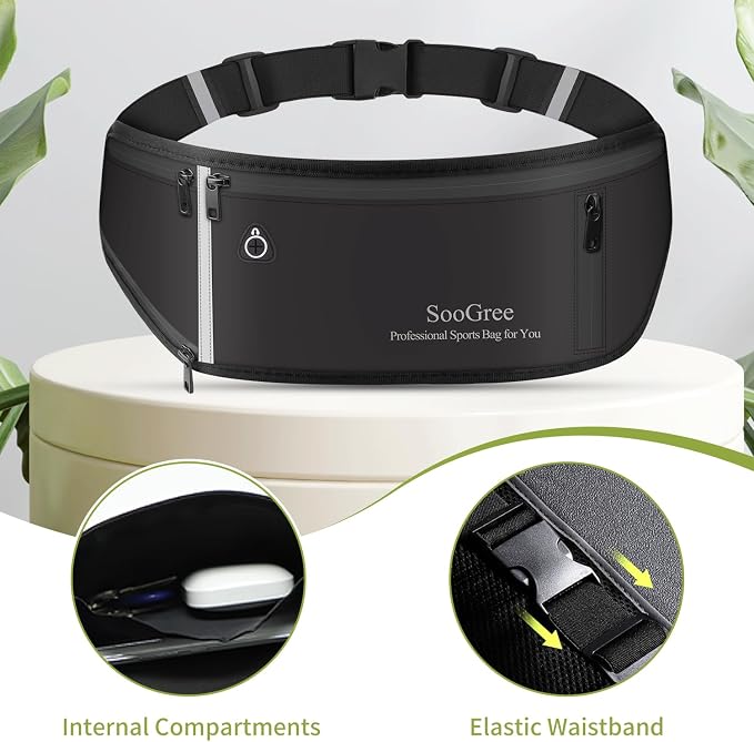 SooGree Slim Running Belt Fanny Pack, Resistant Waist Pack Money Belt Bag for Hiking Cycling Workout, Gym Phone Holder with Adjustable Strap (Black)