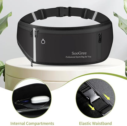 SooGree Slim Running Belt Fanny Pack, Resistant Waist Pack Money Belt Bag for Hiking Cycling Workout, Gym Phone Holder with Adjustable Strap (Black)