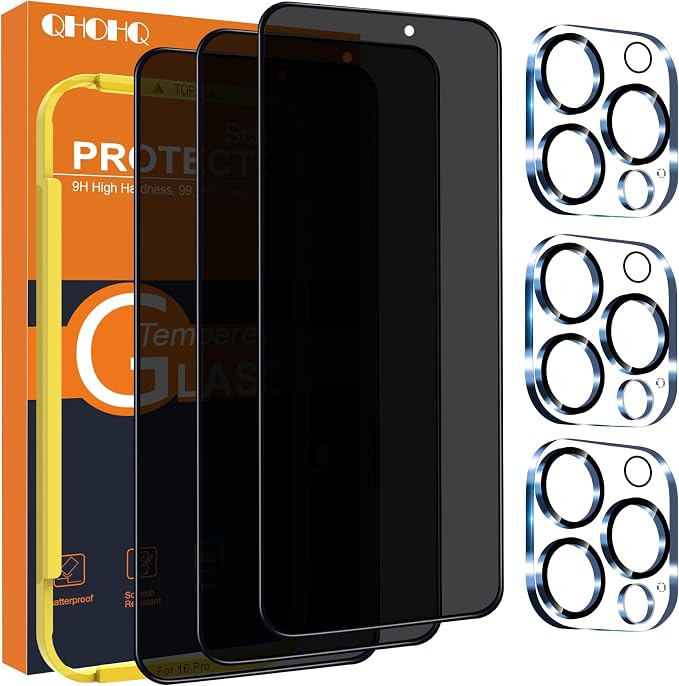 QHOHQ for iPhone 16 Pro Privacy Screen Protector + Camera Lens Protector, [Military Grade Shatterproof], Top 9H+ Anti Spy Glass, Full Edge Coverage, Ultra Durable, with Installation Tool [3+3 Pack]