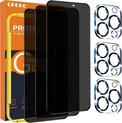 QHOHQ for iPhone 16 Pro Privacy Screen Protector + Camera Lens Protector, [Military Grade Shatterproof], Top 9H+ Anti Spy Glass, Full Edge Coverage, Ultra Durable, with Installation Tool [3+3 Pack]