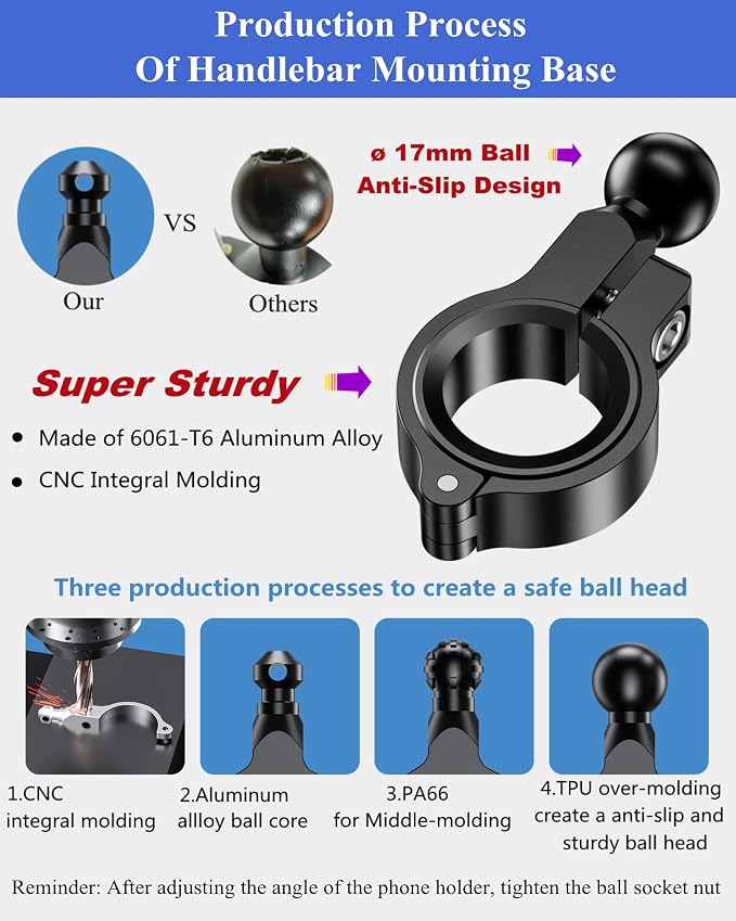 BRCOVAN Motorcycle Bike Phone Mount with Solid Aluminum Alloy Mounting Base, [1s Lock] Handlebar Cell Phone Holder for Bicycle ATV Scooter, Fit 4-7'' Smartphone
