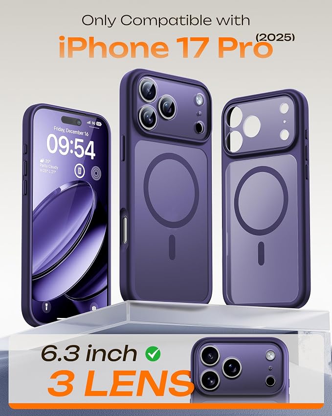 TOCOL for iPhone 17 Pro Case, Compatible with Magsafe Charger, Full Camera Protection, Translucent Matte Phone Case for 17 Pro 6.3 inch (Midnight Purple)