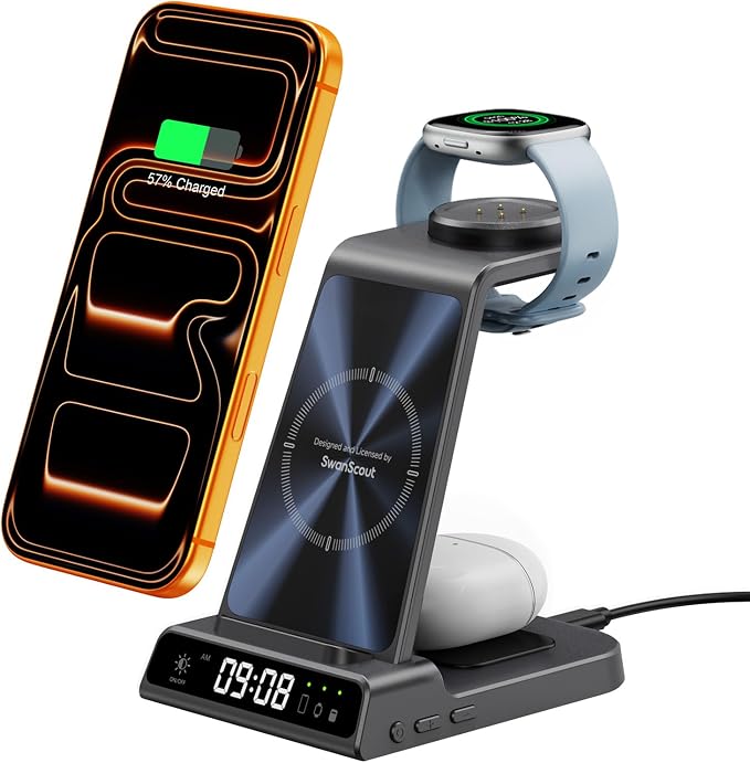 Fitbit Charger Stand for Fitbit Versa 4/3/Sense 2/1/Ace LTE, 3 in 1 Wireless Charging Station for iPhone Air/17/16/15/14, for Samsung S25/S24/S23, Wireless Charger for Earbuds, SwanScout C01FB