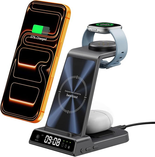 Fitbit Charger Stand for Fitbit Versa 4/3/Sense 2/1/Ace LTE, 3 in 1 Wireless Charging Station for iPhone Air/17/16/15/14, for Samsung S25/S24/S23, Wireless Charger for Earbuds, SwanScout C01FB