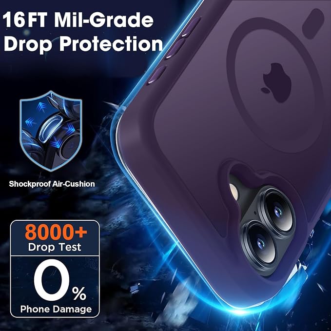 MOCCA Strong Magnetic for iPhone 16 Case, [Compatible with Magsafe][16FT Mil-Grade Drop Protection] Slim Thin Translucent Matte Protective Cover Case for iPhone 16 Phone Case 6.1", Deep Purple