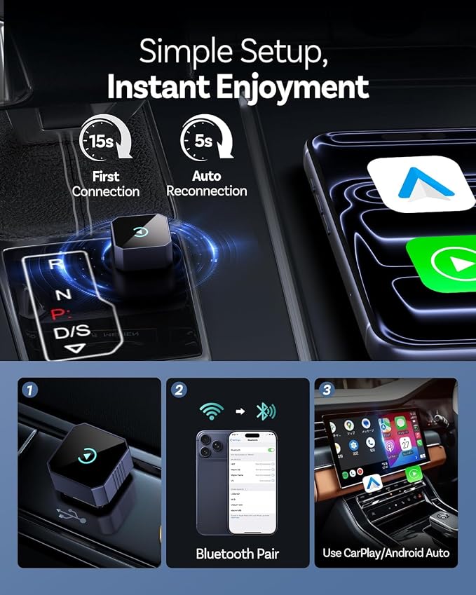 Wireless CarPlay Adapter for Apple iPhone & Android Auto, 2026 Upgraded 2-in-1 Plug and Play Converts Wired to Wireless CarPlay, Fast Auto-Connect, Zero Latency with iPhone iOS 10+