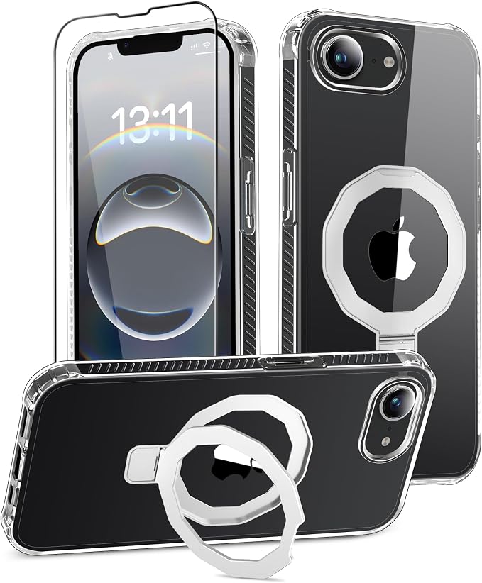 for iPhone 17e Case & iPhone 16e Case, with Screen Protector, Built-in Seamless Stand, [Compatible with MagSafe] Protective Shockproof Phone Case, Slim Cover for iPhone 17e & iPhone 16e - Clear