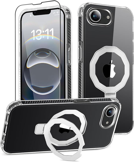 for iPhone 17e Case & iPhone 16e Case, with Screen Protector, Built-in Seamless Stand, [Compatible with MagSafe] Protective Shockproof Phone Case, Slim Cover for iPhone 17e & iPhone 16e - Clear