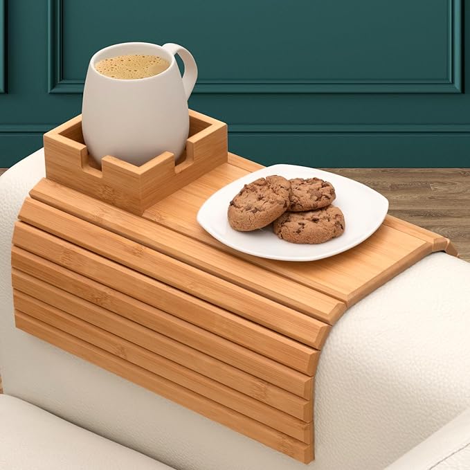 FUN FOREST Bamboo Couch Cup Holder Tray - Non-Slip Furniture Protector, Sofa Armrest Table for Mugs & Tumblers – Weighted 16” Large Natural Bamboo Drink Caddy for Recliners and Loveseats