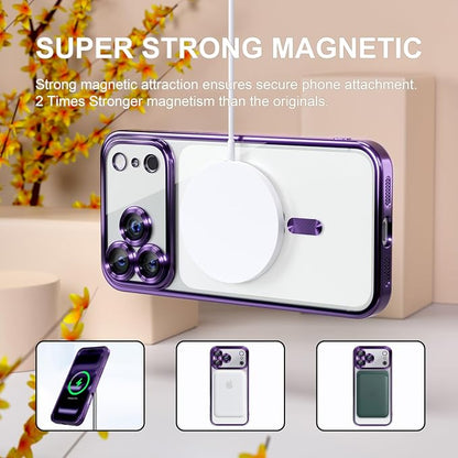 Misea Magnetic for iPhone 17 Pro Case Compatible with MagSafe [Never Yellowing] [Military Grade Drop Protection] Full Camera Lens Protector Plating Soft Clear Phone Case for Women, Deep Purple