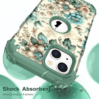 Hocase for iPhone 15 Case, Heavy Duty Shockproof Protection Soft Silicone Rubber Bumper+Hard Plastic Hybrid Protective Case for iPhone 15 (6.1" Display) 2023 - Teal Blue Flowers