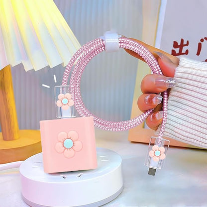 CameCosy DIY Phone Charger Case Storage Sets Cable Protector Earphone Wire Saver with Lovely Travel Storage Bag, Cute Cable Charger Protector Cord Organizer for iPhone (Pink Flower)