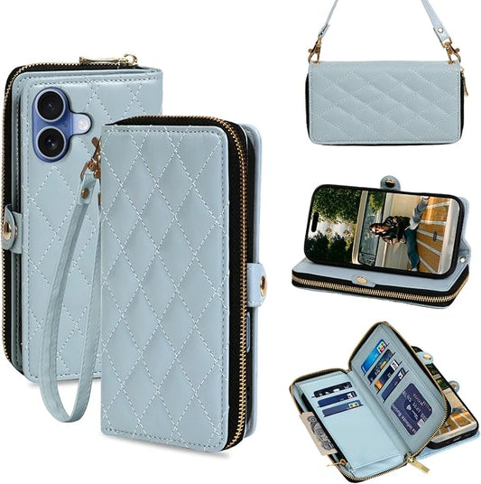 Rssviss Crossbody Case for iPhone 17 Case Wallet, RFID Blocking Leather with Card Holder Kickstand, Handbag Zipper Flip Cover with Wrist Strap for iPhone 17 Men Women 6.3", Blue