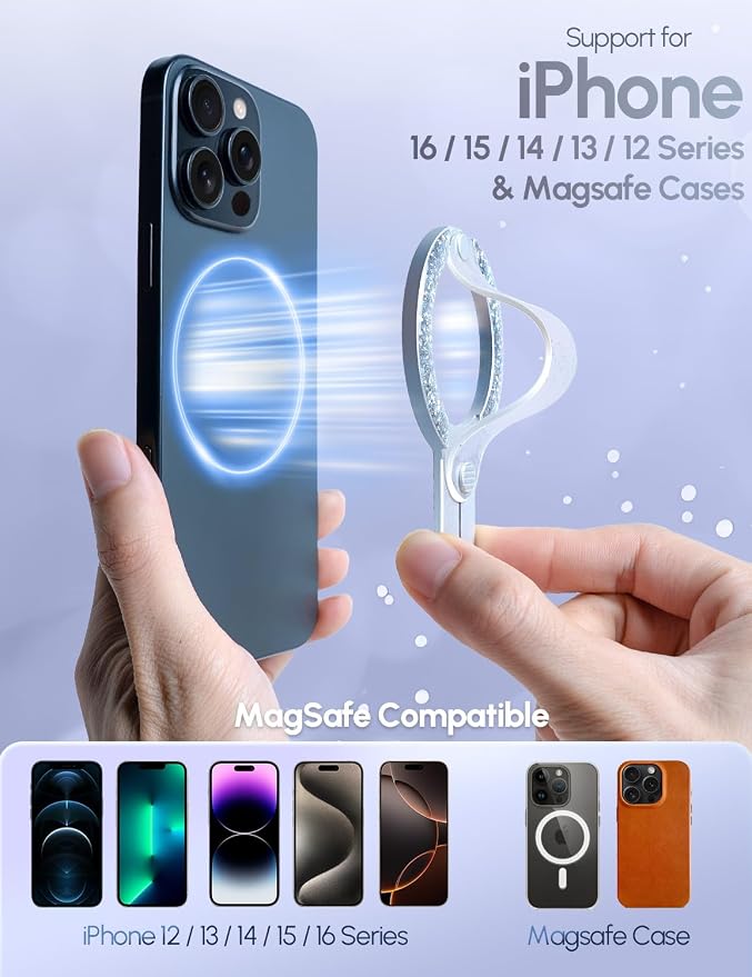 for MagSafe Phone Grip for iPhone - Glitter Magnetic Phone Ring Holder for Women Girs - Comfortable Stylish Finger Phone Loop Grip for iPhone 17/16/15/14/13/12,Glitter Silver